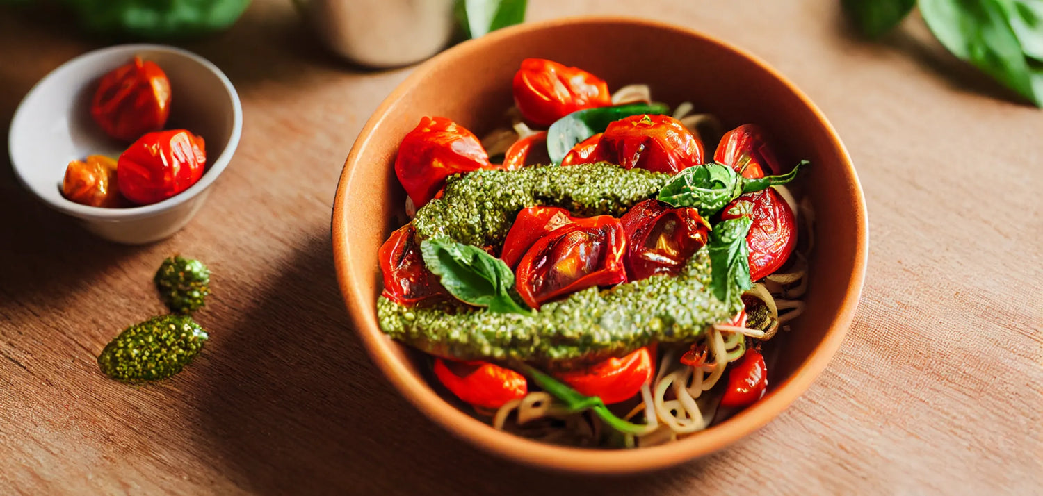 Vegane Lupinen Pasta mit Pesto und gerösteten Tomaten