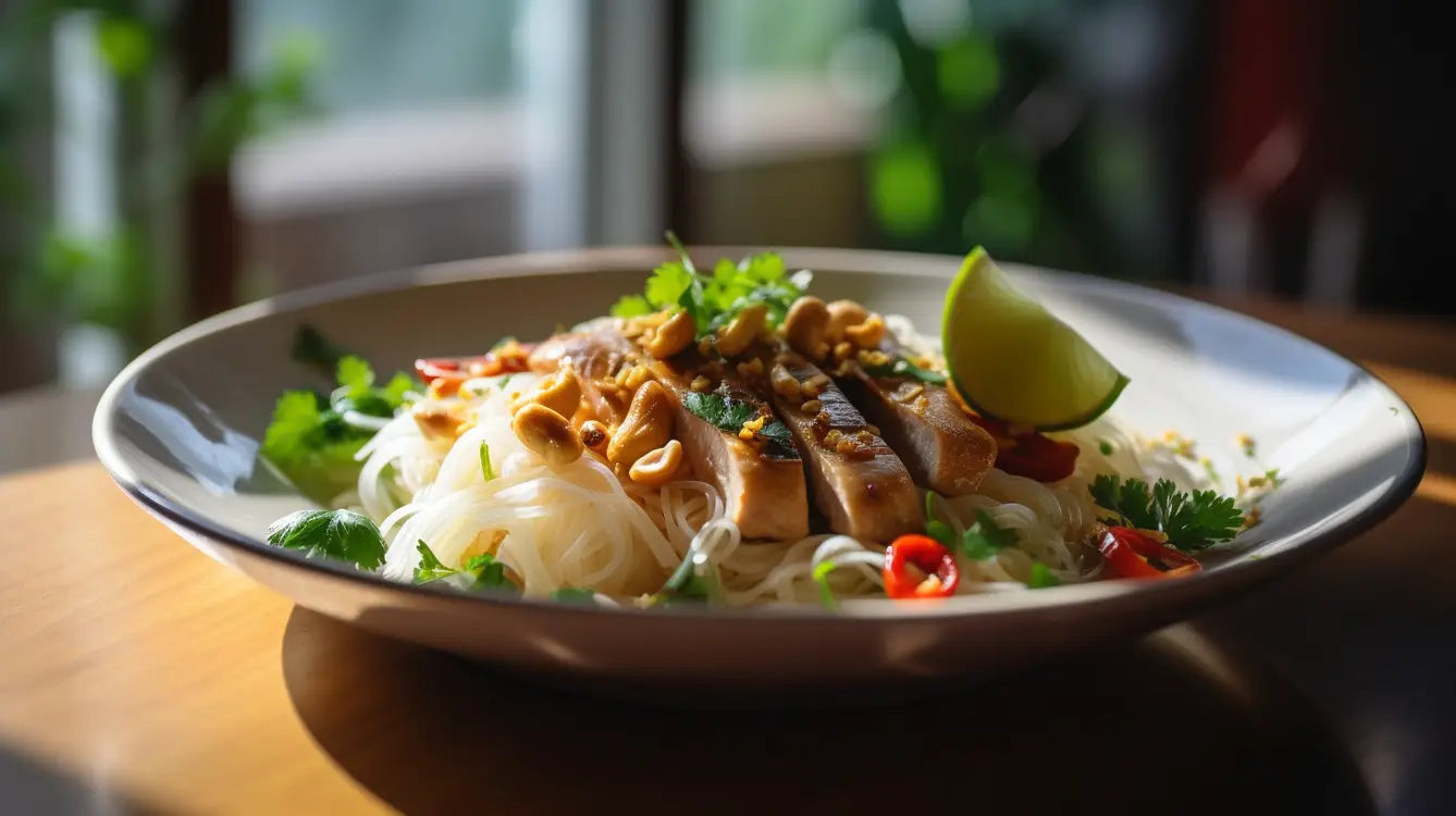 Asiatische Konjaknudeln mit Hühnerfleisch und Wok Gemüse