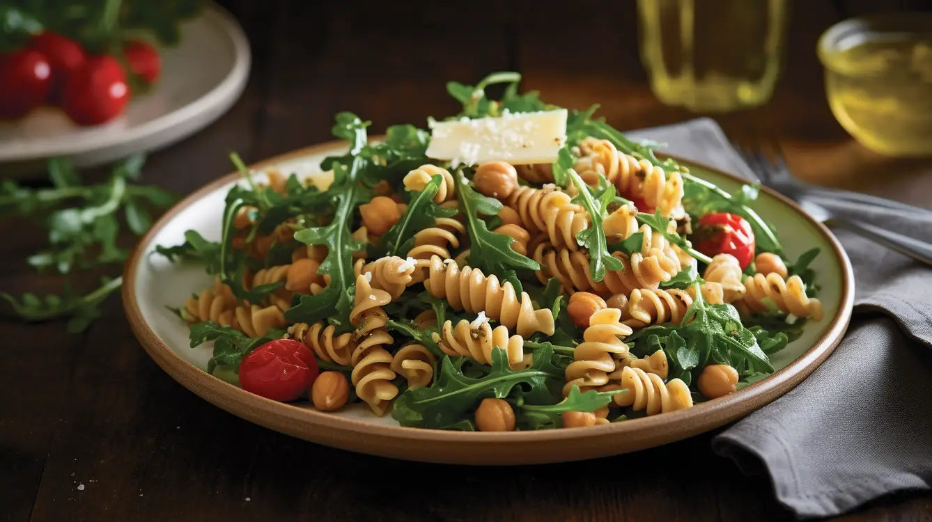 Kichererbsen Pasta mit Rucola, Tomaten und Mozzarella