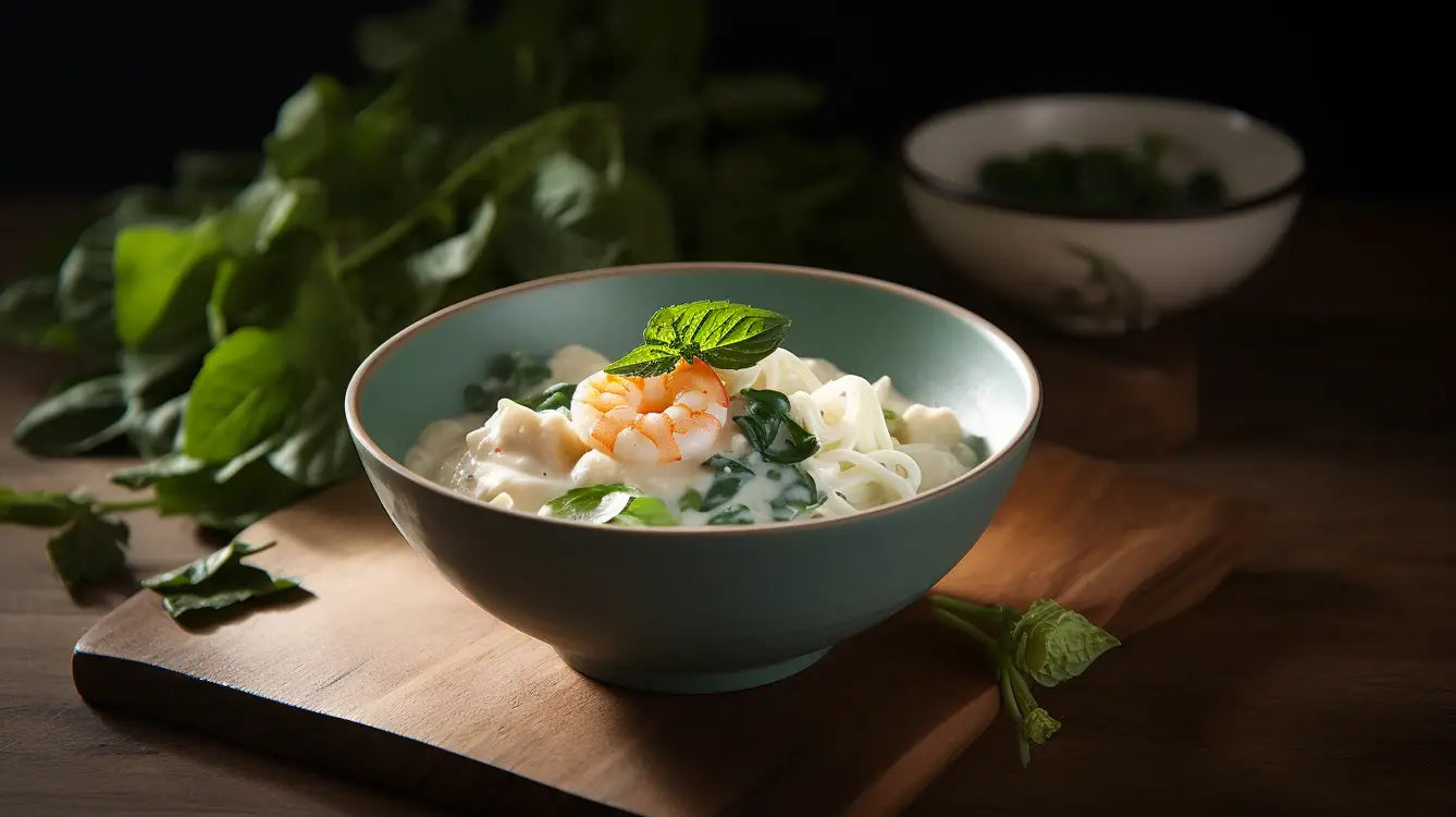 Konjak Eismeer Shrimps Nudeln mit Kokosmilch und Basilikum
