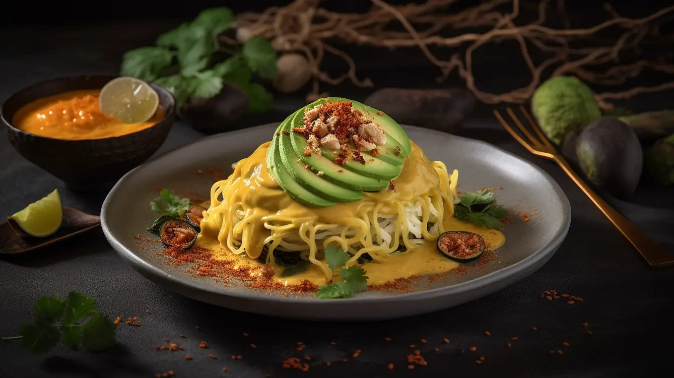 Konjak Nudeln in Mandel-Curry-Sauce auf gebratener Avocado