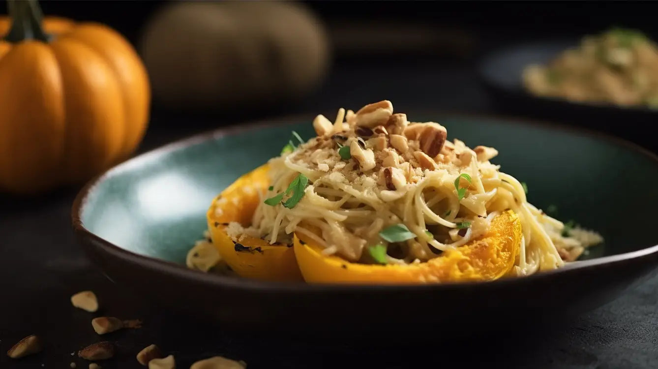 Kürbis Konjak Spaghetti mit Gorgonzola & gerösteten Kürbiskernen