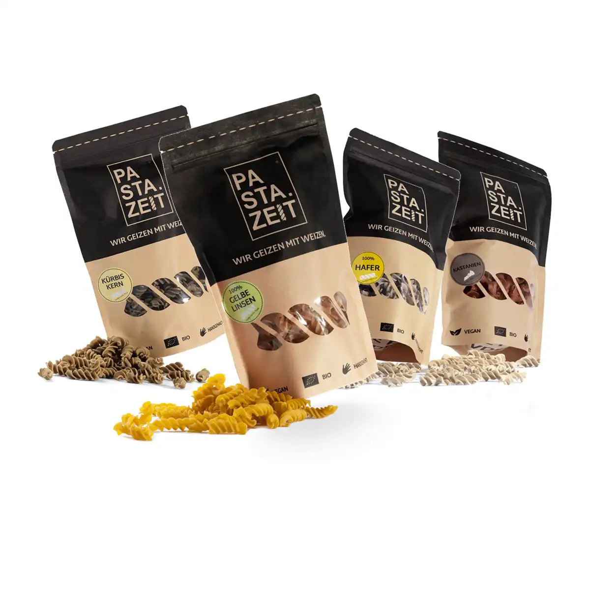 In dieser Box befinden sich 1x Kürbis Kern Fusilli, 1x Gelbe Linsen Fusilli, 1x Hafer Fusilli, 1x Kastanien Campanelle