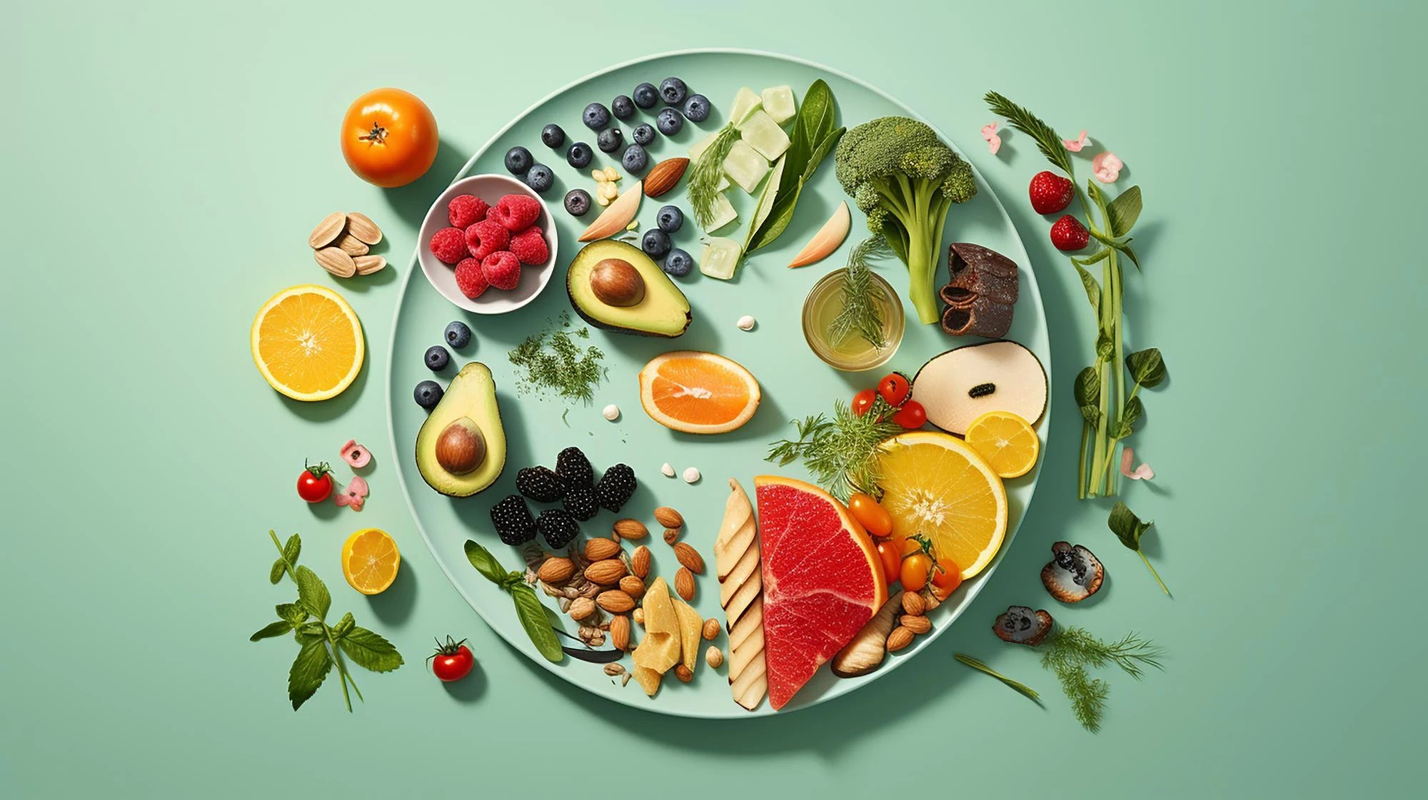 Gesunde Ernährung Beitrags Bild mit frischen Obst und Gemüse auf grünen Hintergrund